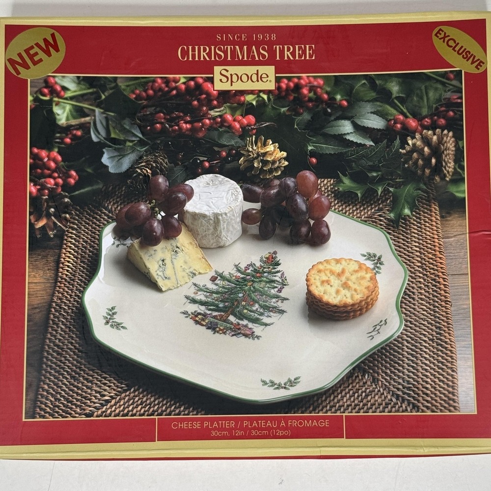 Spode Christmas Tree Cheese Board Platter 12in White Green Trim Earthenware New - Picture 3 of 9